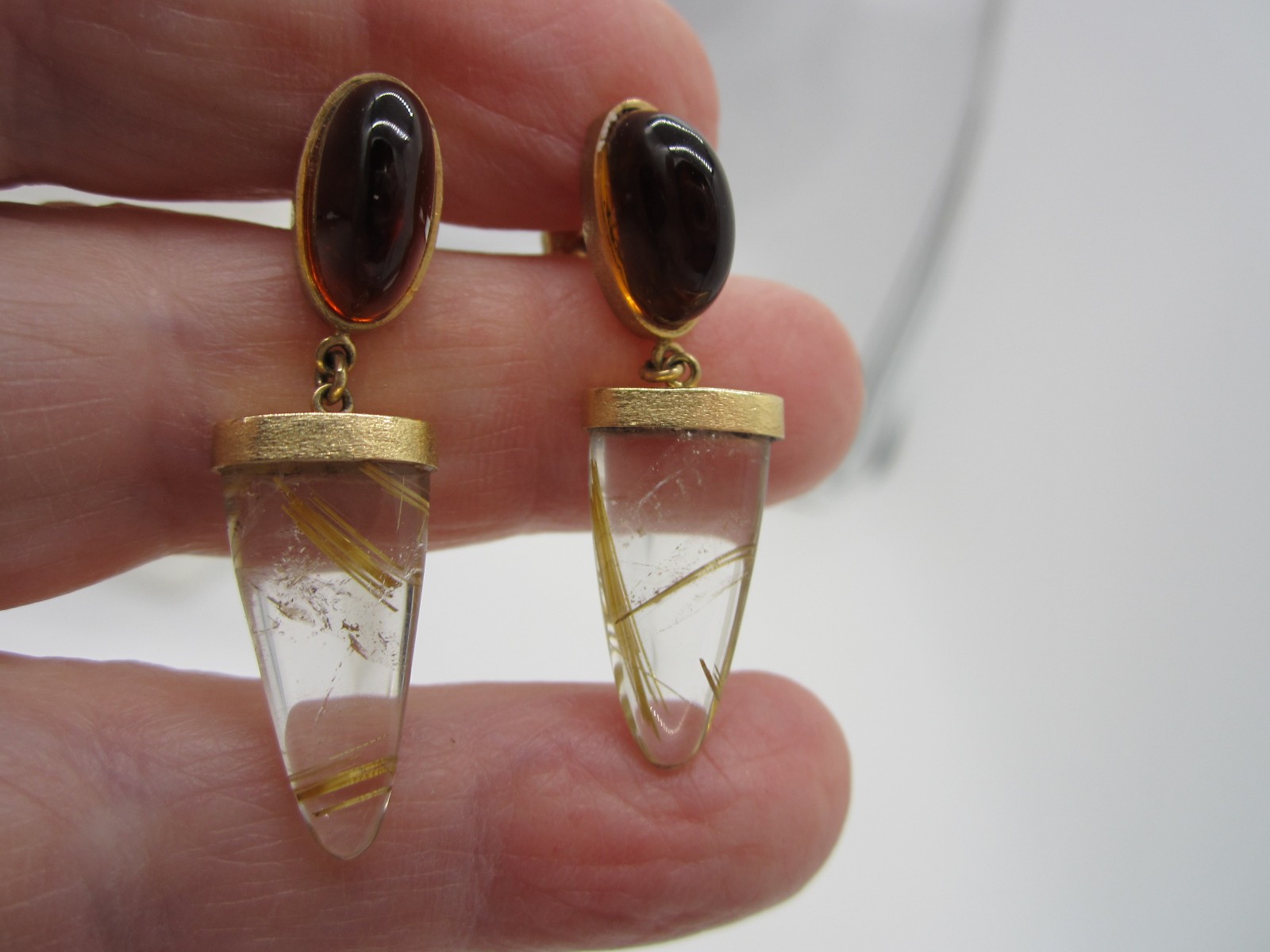 Fabulous 14k Yellow Gold Rutilated Quartz Citrine 7.7 Gram Drop Pierced Earrings