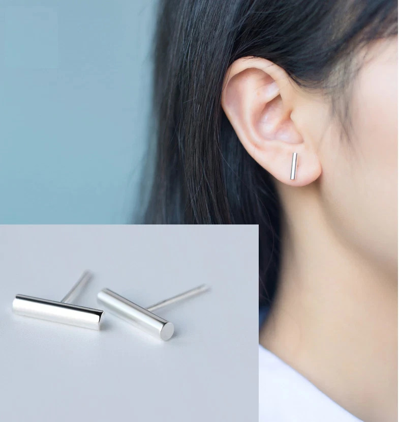 Solid Sterling Silver Stud Earrings Minimalist Line Bar Dash 10mm Trendy