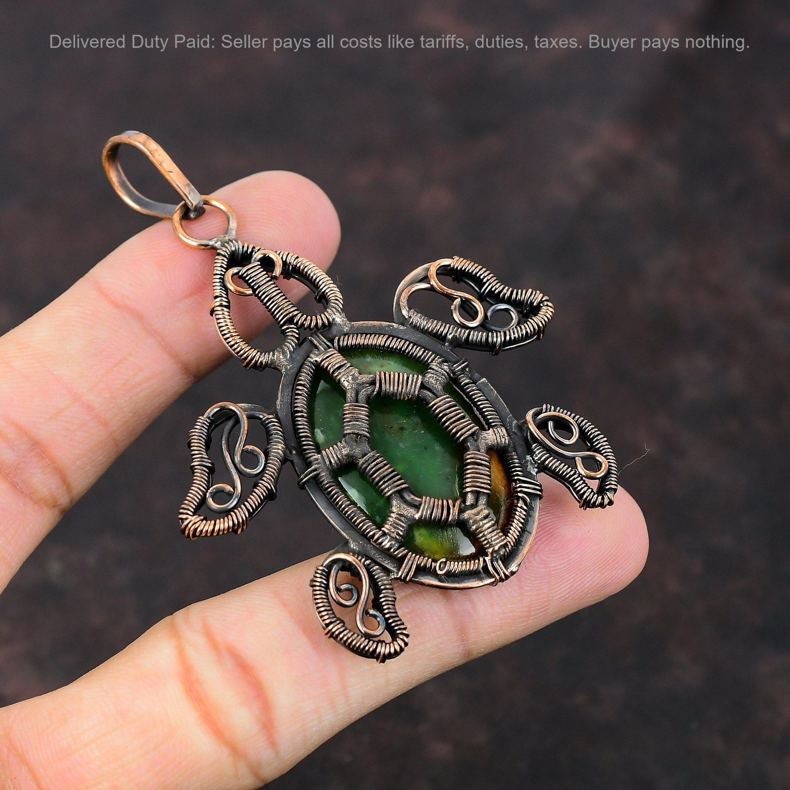 Oval Boulder Chrysoprase Gemstone Wire Wrapped Tortoise Pendant Jewelry Copper