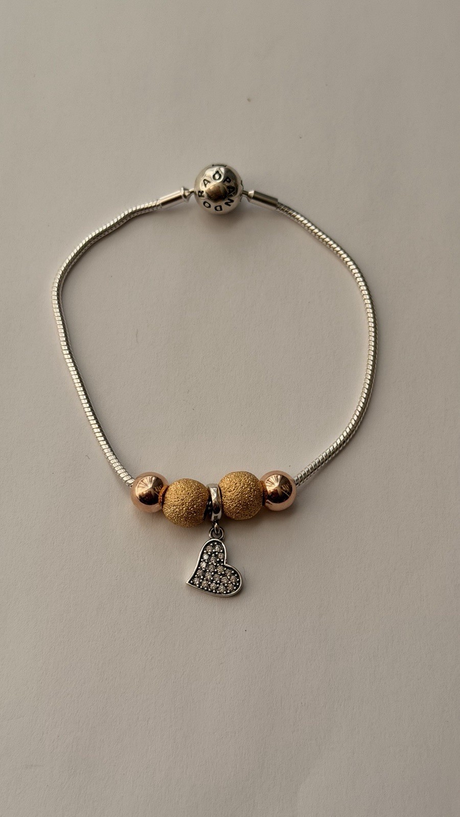 AUTHENTIC PANDORA 925 STERLING SILVER SNAKE CHAIN BRACELET WITH 5 CHARMS
