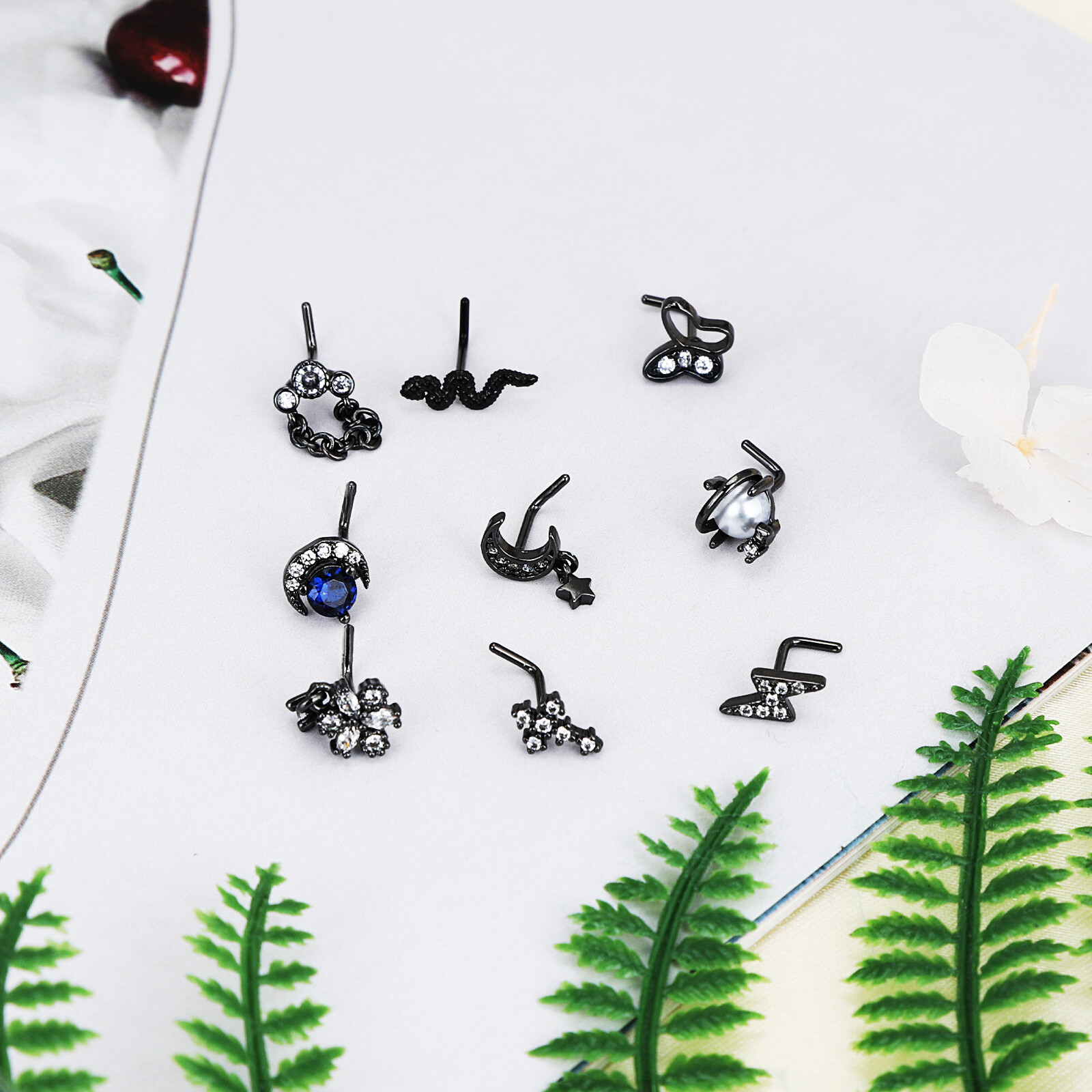 9 Pcs CZ L Bend Screw Bone Nose Studs Surgical Steel Pin Nose Ring 20G Piercing
