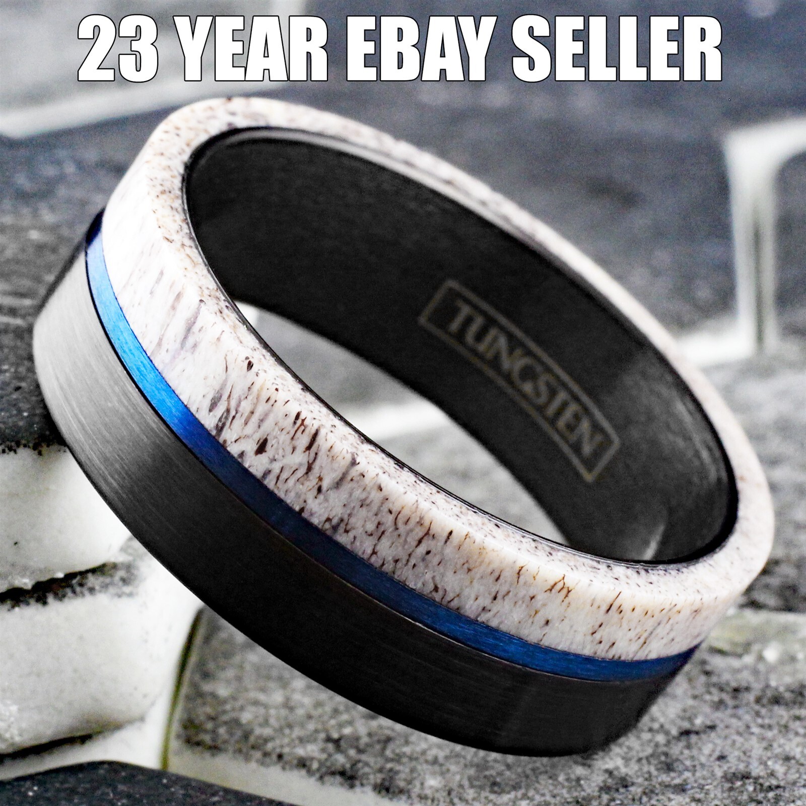 Black Tungsten Carbide Men’s Ring Deer Antler w/ Blue Stripe Wedding Band