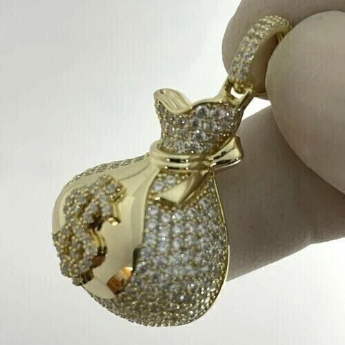 2Ct Lab Created Moissanite Round Money Bag Pendant Real 10K Yellow Gold Chain