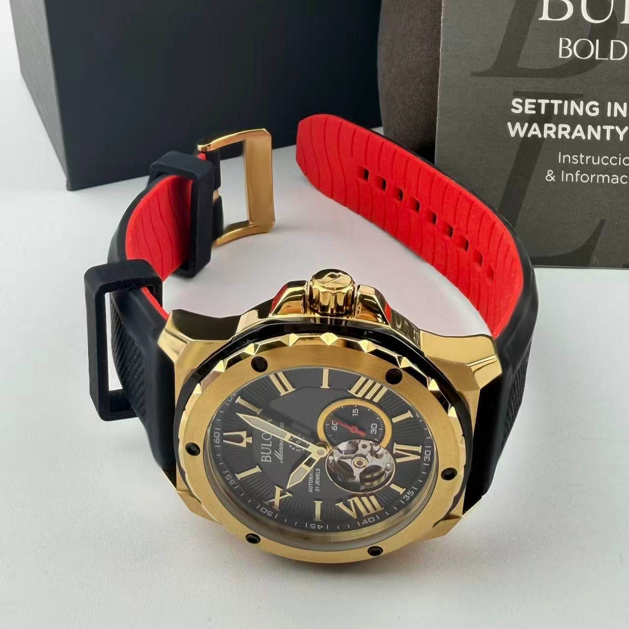Bulova 98A272 Men’s Marine Star Automatic Watch Black Dial Silicone Strap 44.5mm