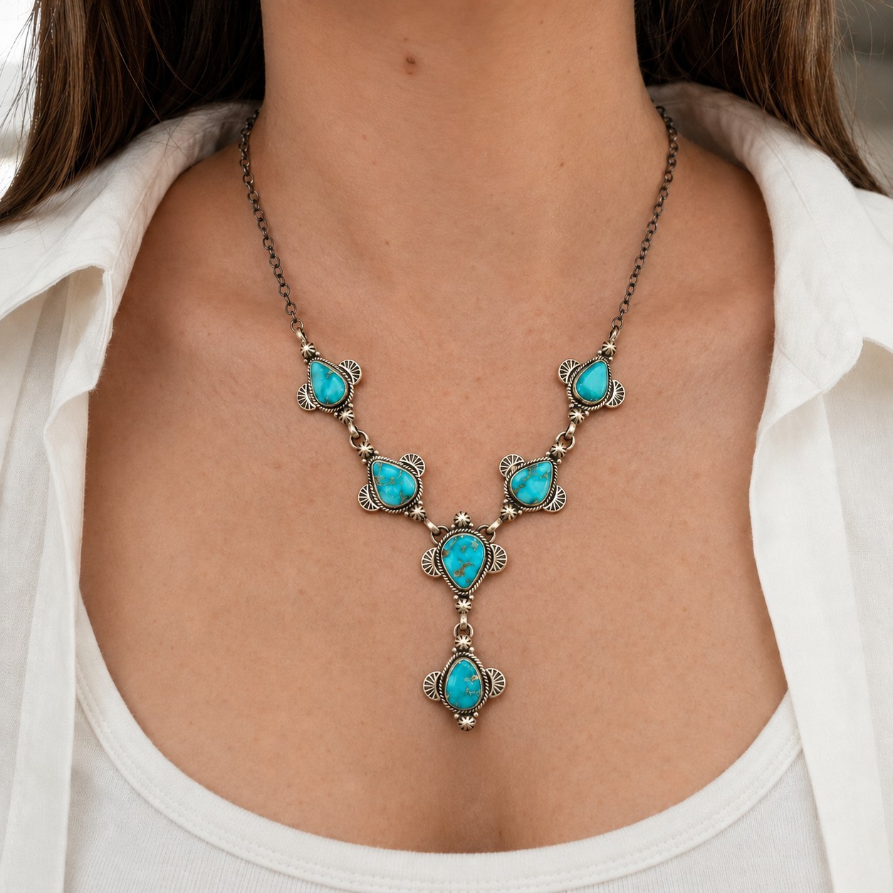 Lone Mountain Turquoise Sterling Silver Y-Drop Lariat Necklace Boho Southwestern