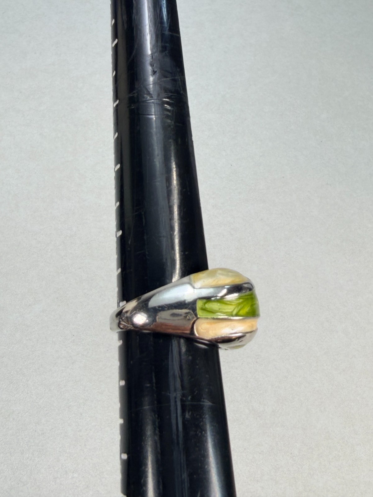 Green Enamel Swirl Statement Ring Silver Tone Modern Wide Band Fashion Jewelry
