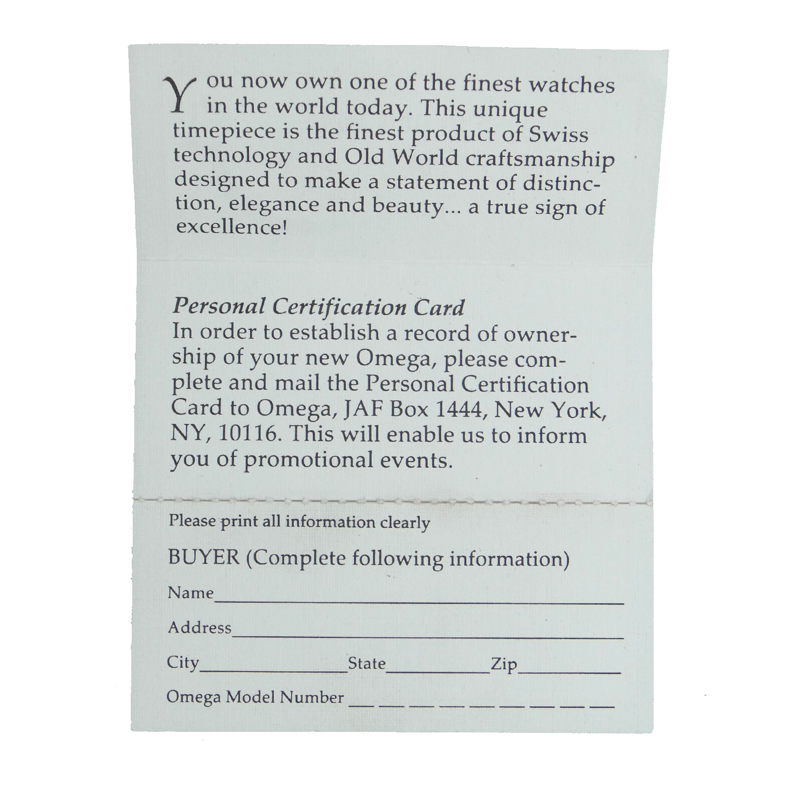 OMEGA GENUINE EMPTY PERSONAL CERTIFICATION CARD BUYER INFORMATION