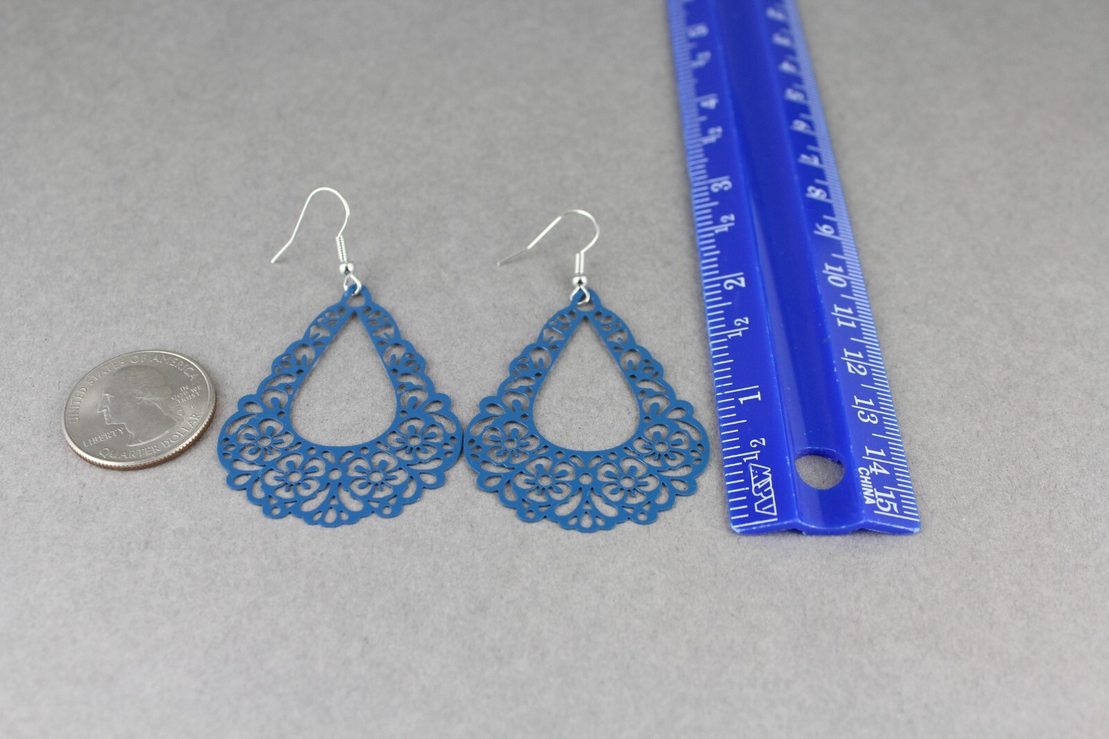 Blue Teal earrings teardrop dangle VERY lightweight filigree 2.5″ long floral