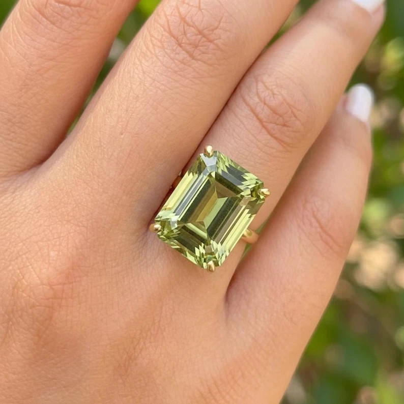 5Ct Emerald Cut Natural Peridot Solitaire Wedding Ring 14K Yellow Gold Size 5 6