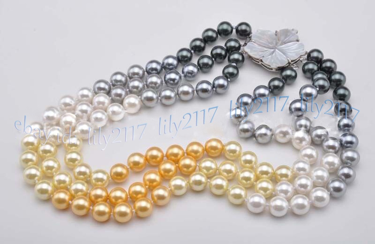 3 Rows Multicolor South Sea Shell Pearl Imitation Pearl Round Beads Necklace