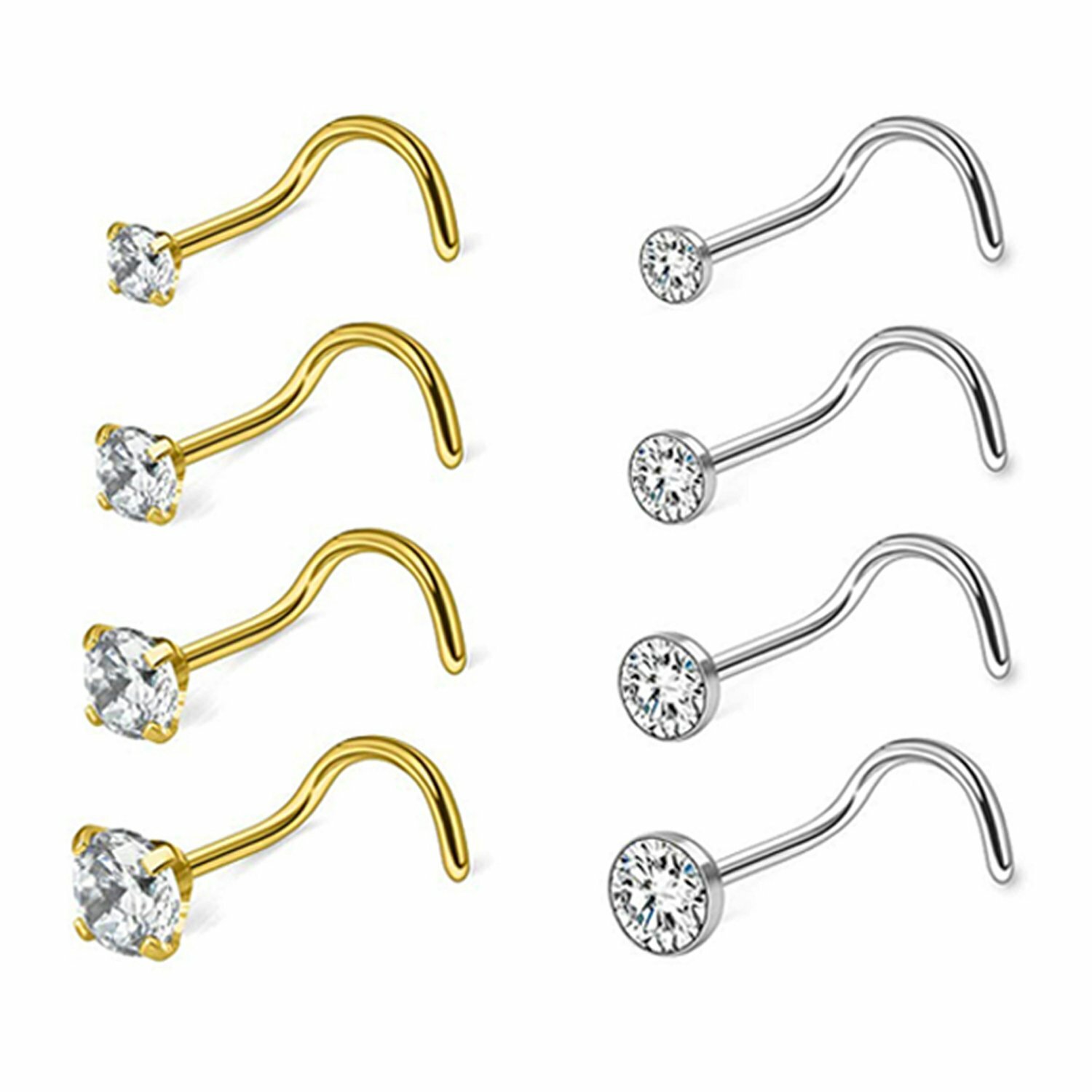 8pcs 18G Surgical Steel Round CZ L-Shaped Nose Screw Studs Rings Body Piercing