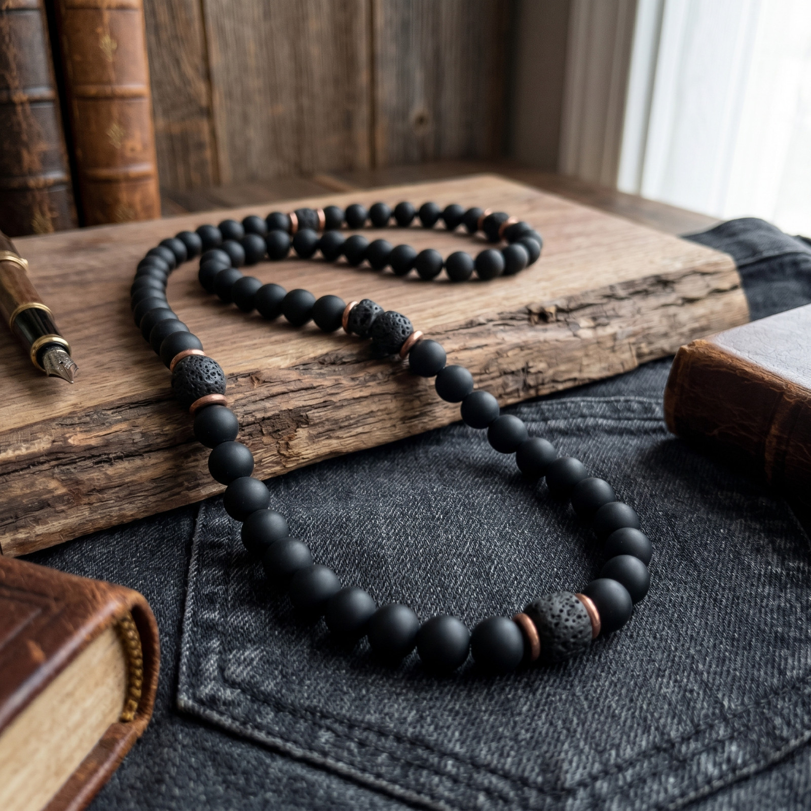 Natural Matte Black Onyx Lava Rock Stone Beaded Necklace Mens Zen Mala Jewelry