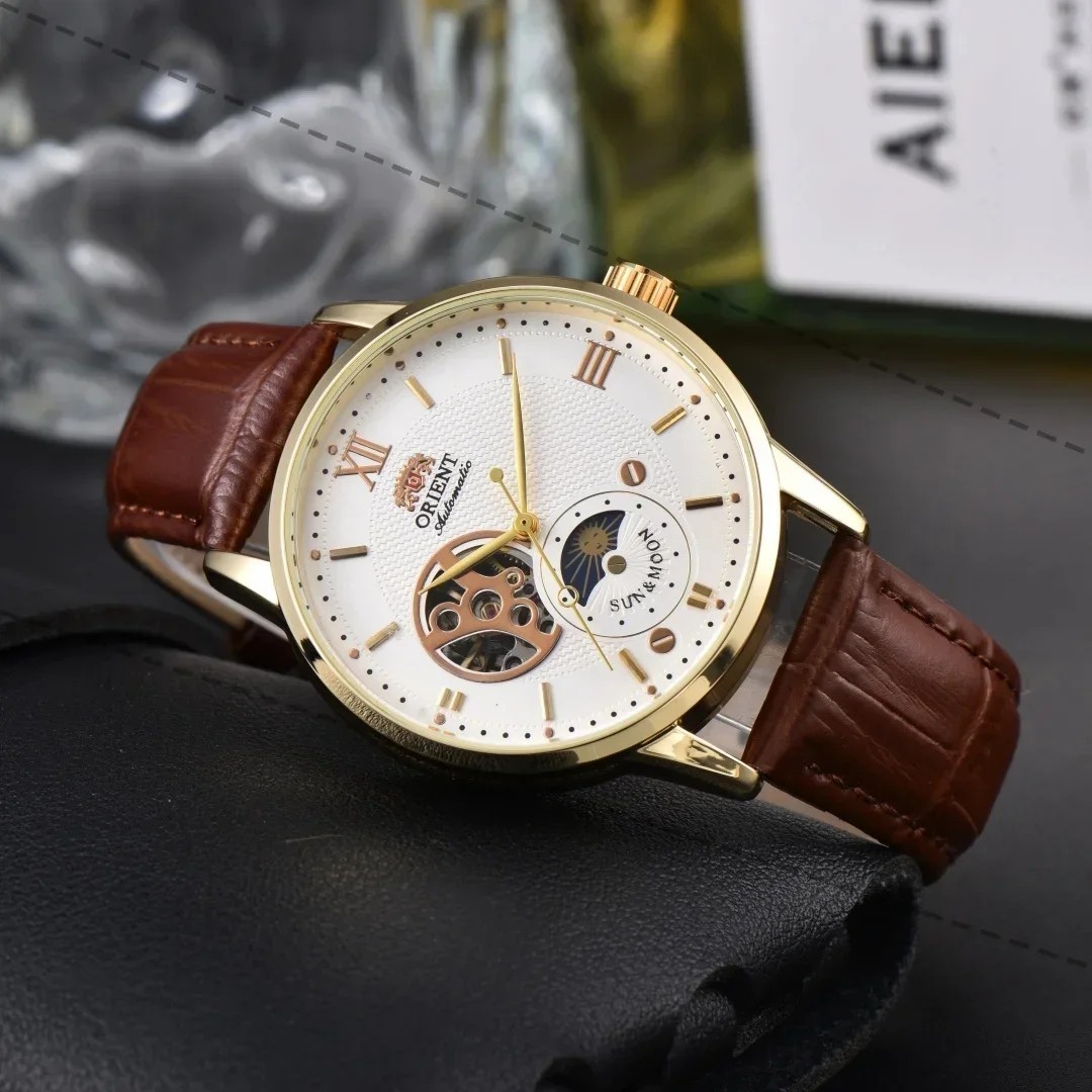 Sun & Moon Semi Skeleton Automatic Watch Men’s Leather Strap Luxury Gift