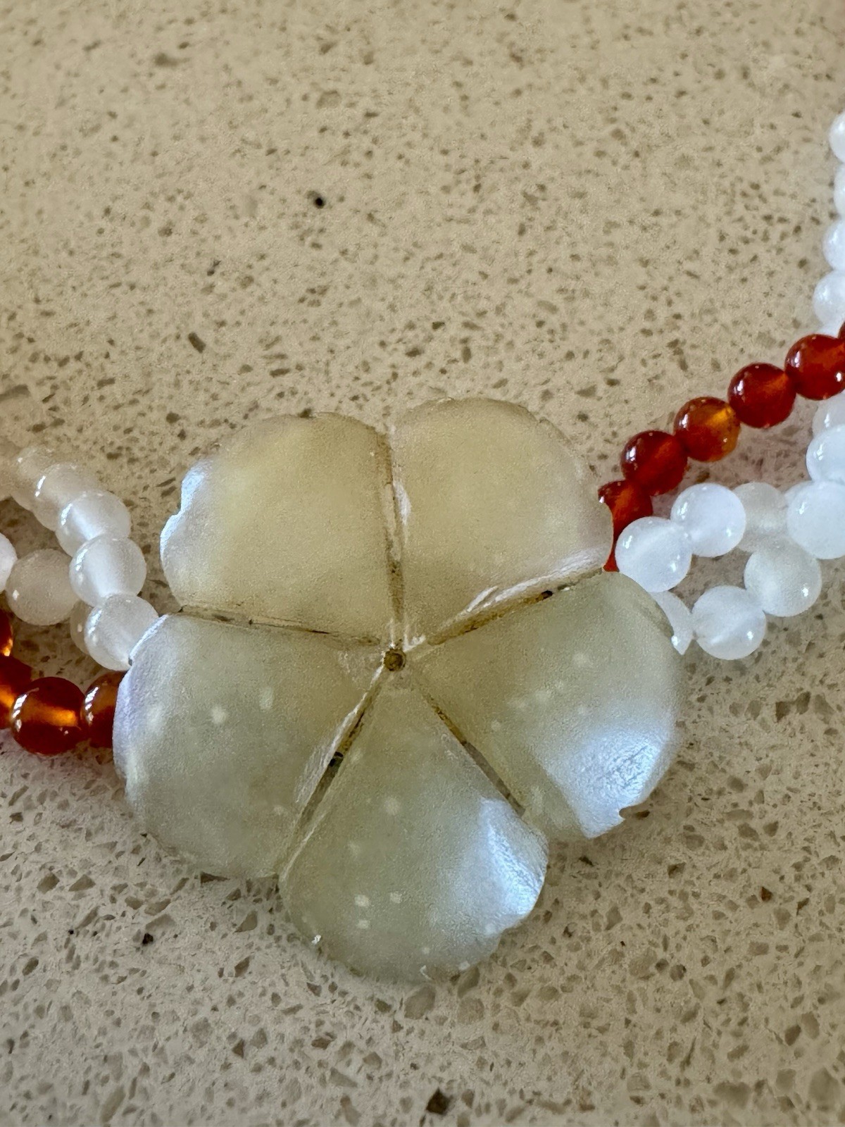 Vintage White & Orange Beaded choker w/ hand-carved chalcedony Flower Pendant
