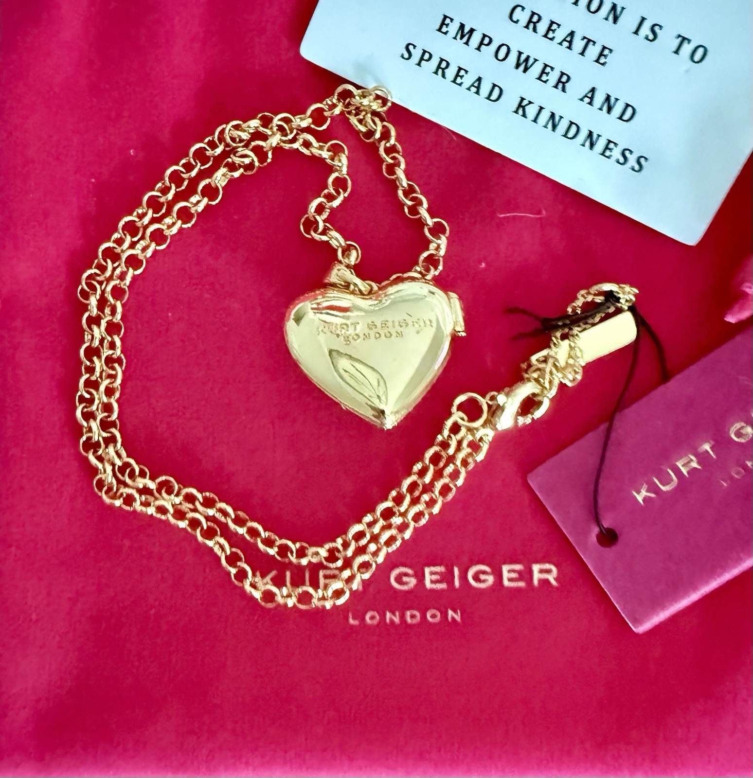 KURT GEIGER LONDON GOLD TONE RAINBOW EAGLE HEAD HEART LOCKET NECKLACE 16”+2” NWT