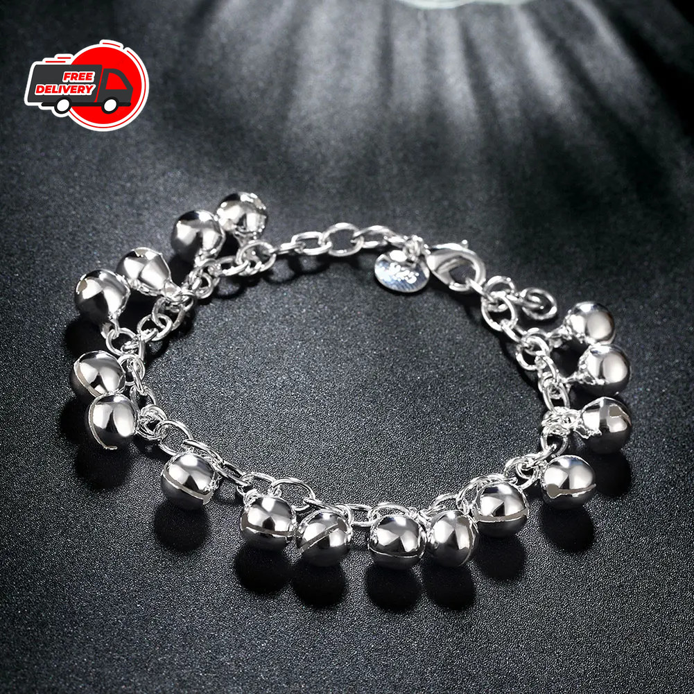 925 Sterling Silver Charm Glossy Bead Bangle Women’s Fashion Bracelet Jewelry