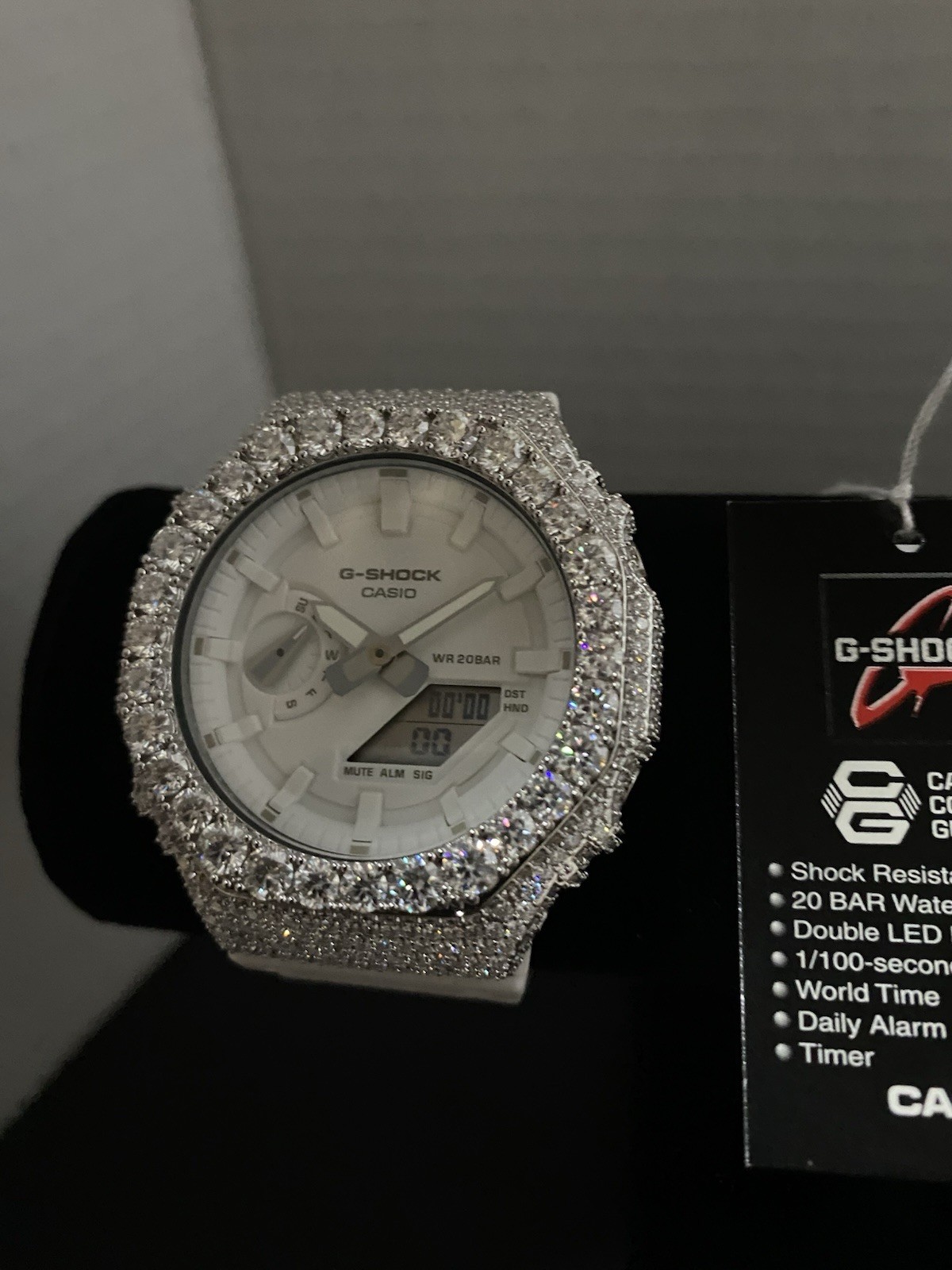 Casio G-SHOCK GA-2100-7A7ER + Custom Moissanite Bezel White Dial Watch