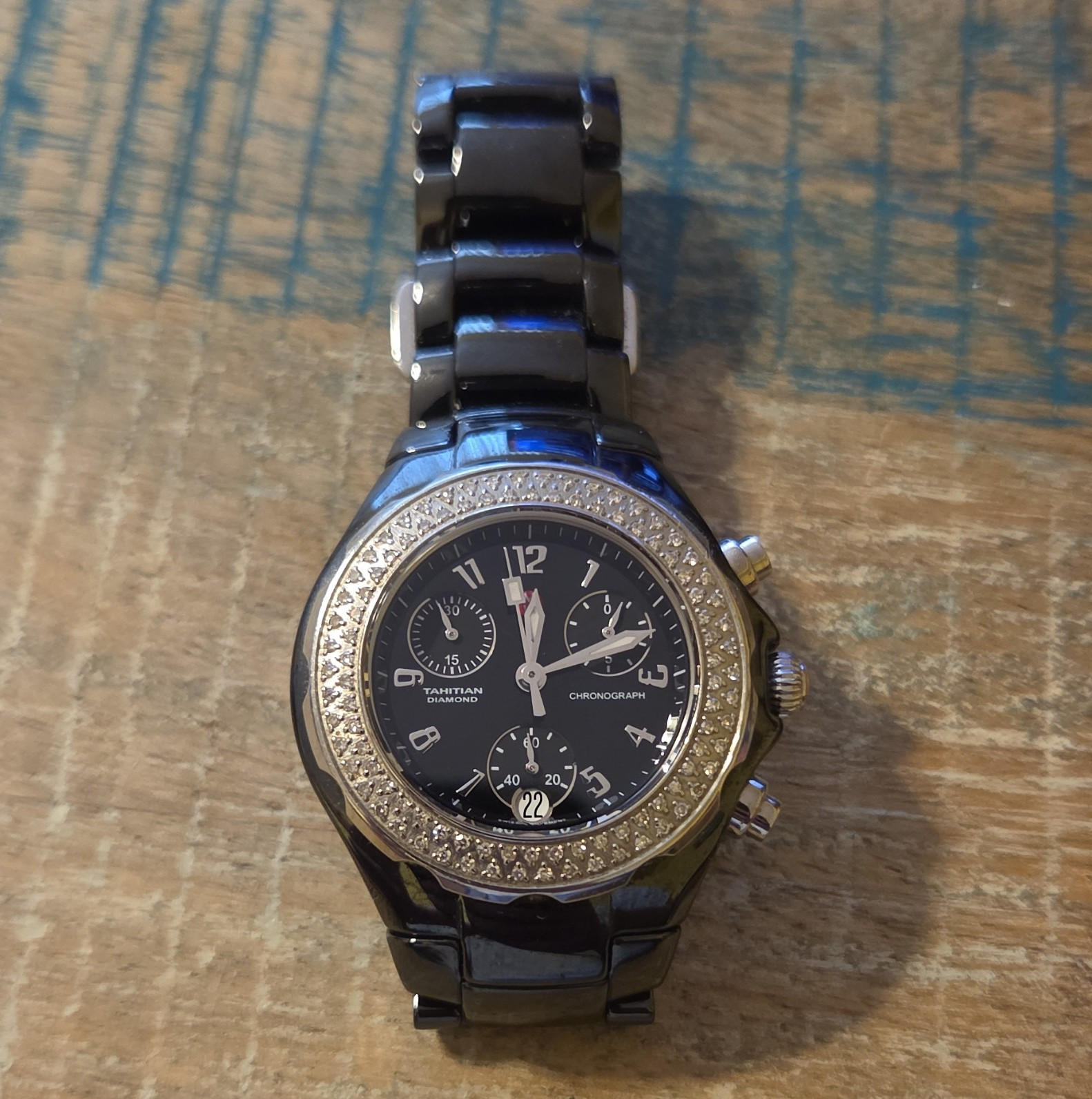 MICHELE Tahitian Black Ceramic Quartz Chronograph Date Diamond Bezel 50m 32mm