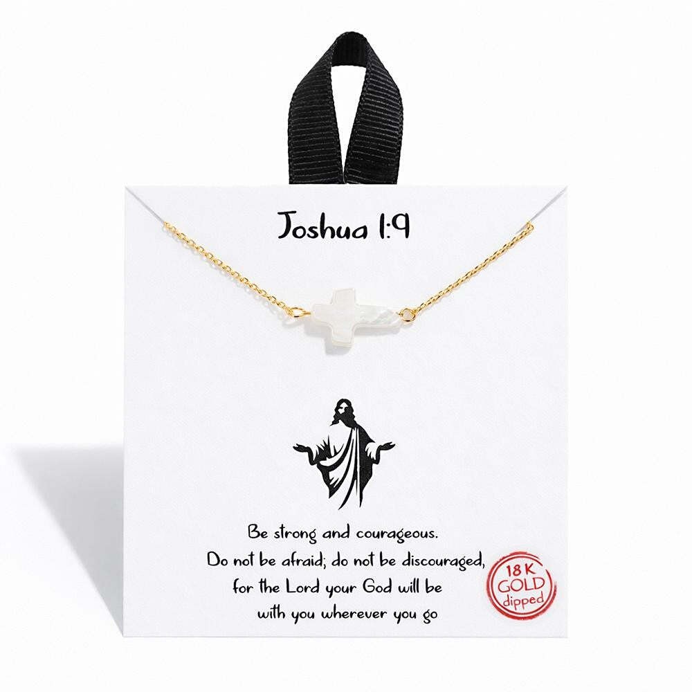 Mother of Pearl Cross Dainty Necklace Joshua 1:9 Gold Dipped