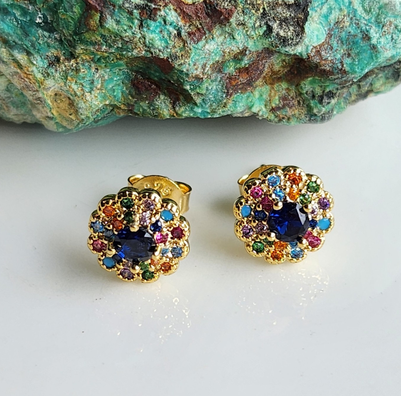 925 Sterling Silver Multi-Color Sapphire Stud 8.5mm Earrings Yellow Gold-plated