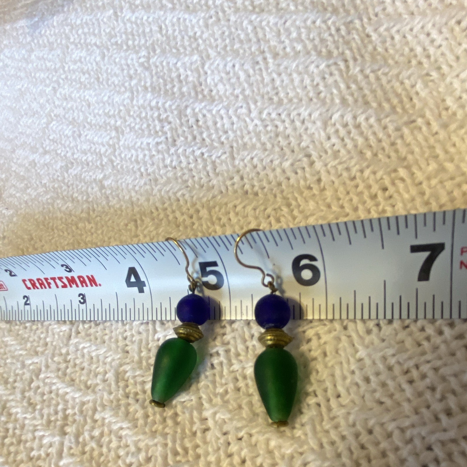 Blue Green Gold Beaded Teardrop Dangle/Drop Hook Earrings 1.75 in Lobe
