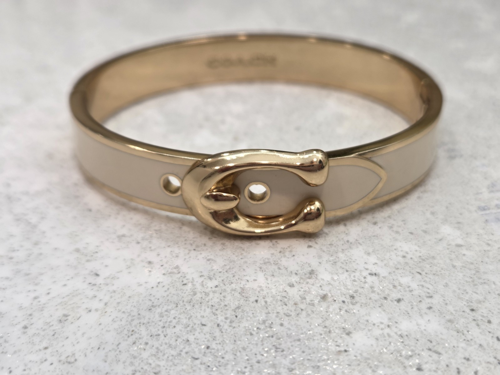 Coach Buckle Bangle Bracelet Signature C Gold Plated & Chalk Enamel Hinged