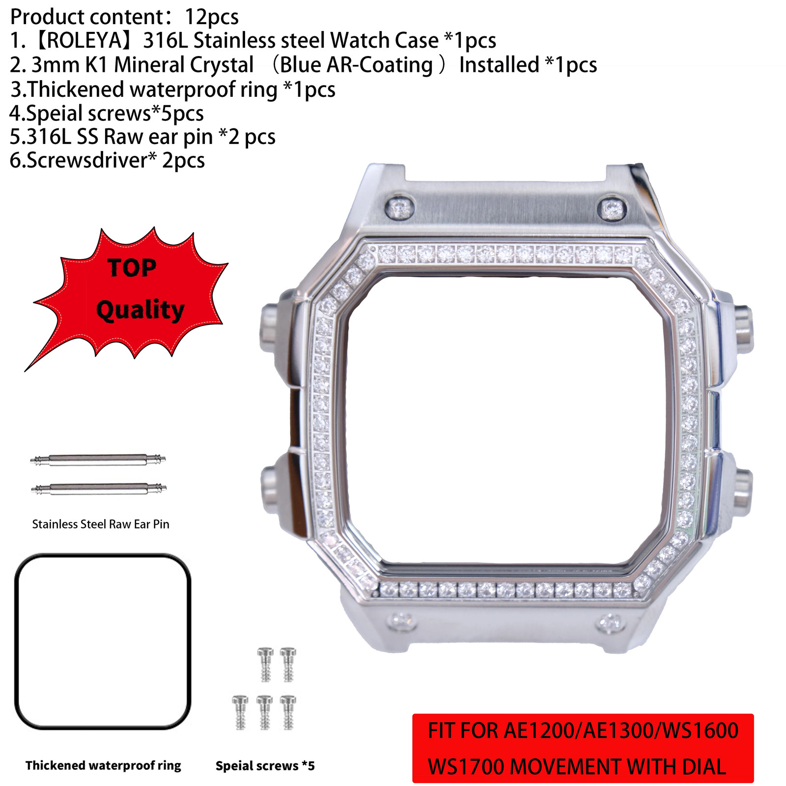 Suitable For Casio AE1200 Watch Case Mod Kit 316L Stainless Steel Glass 10ATM