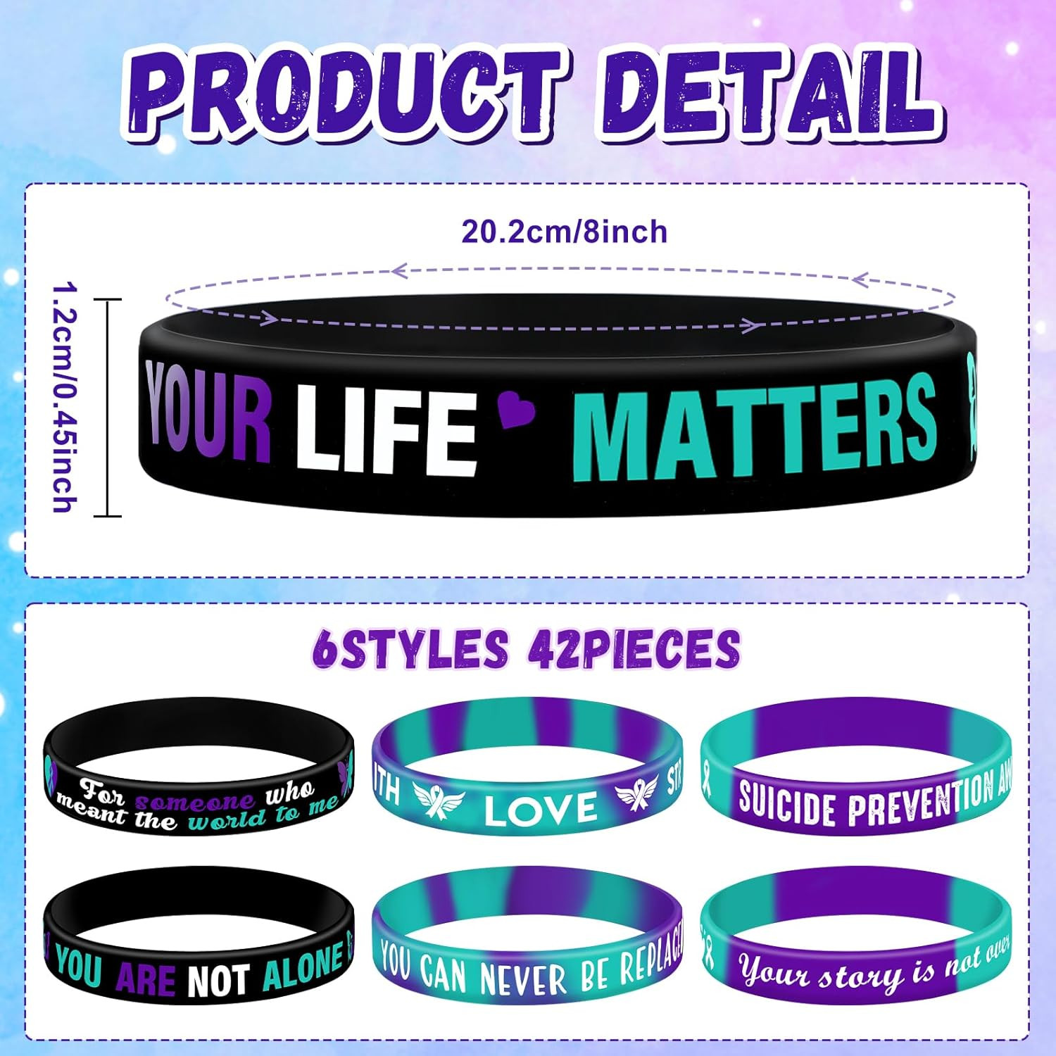 JUNEBRUSHS 42Pcs Suicide Prevention Awareness Silicone Bracelets Purple Teal Rib
