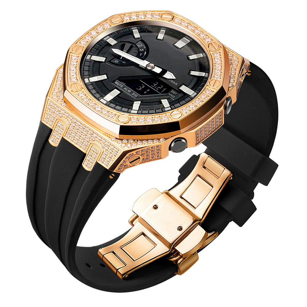 Bling Diamond Stainless Steel Case + Rubber Strap AP MOD KIT for G-SHOCK GA-2100