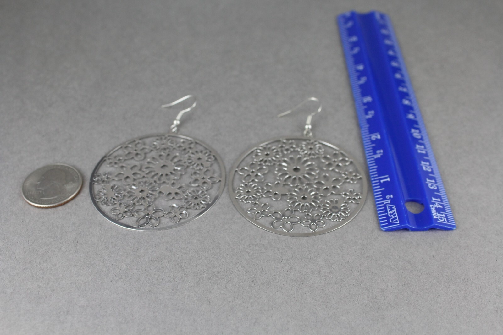 Silver flower filigree round disc earrings medallion 2.75″ long very lightweight