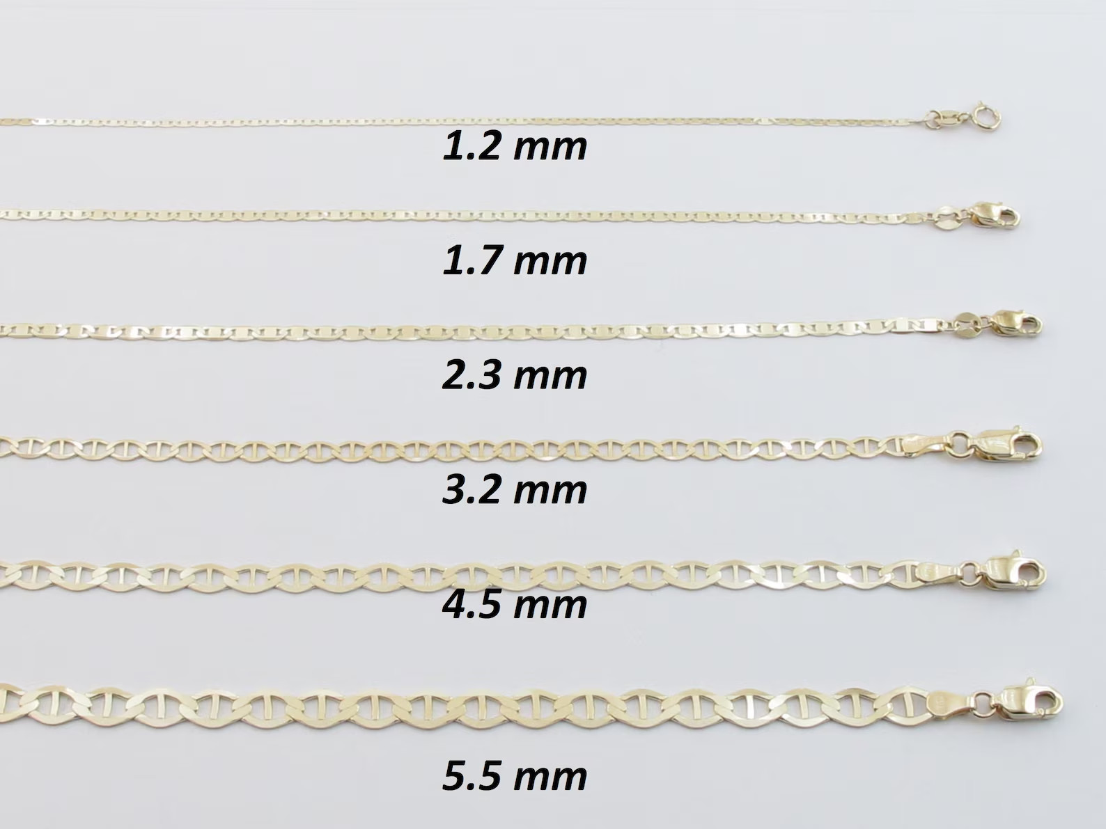 10k Solid Yellow Gold Mariner Anchor Link Chain 16″ To 24″, 1.2 mm To 5.5 mm