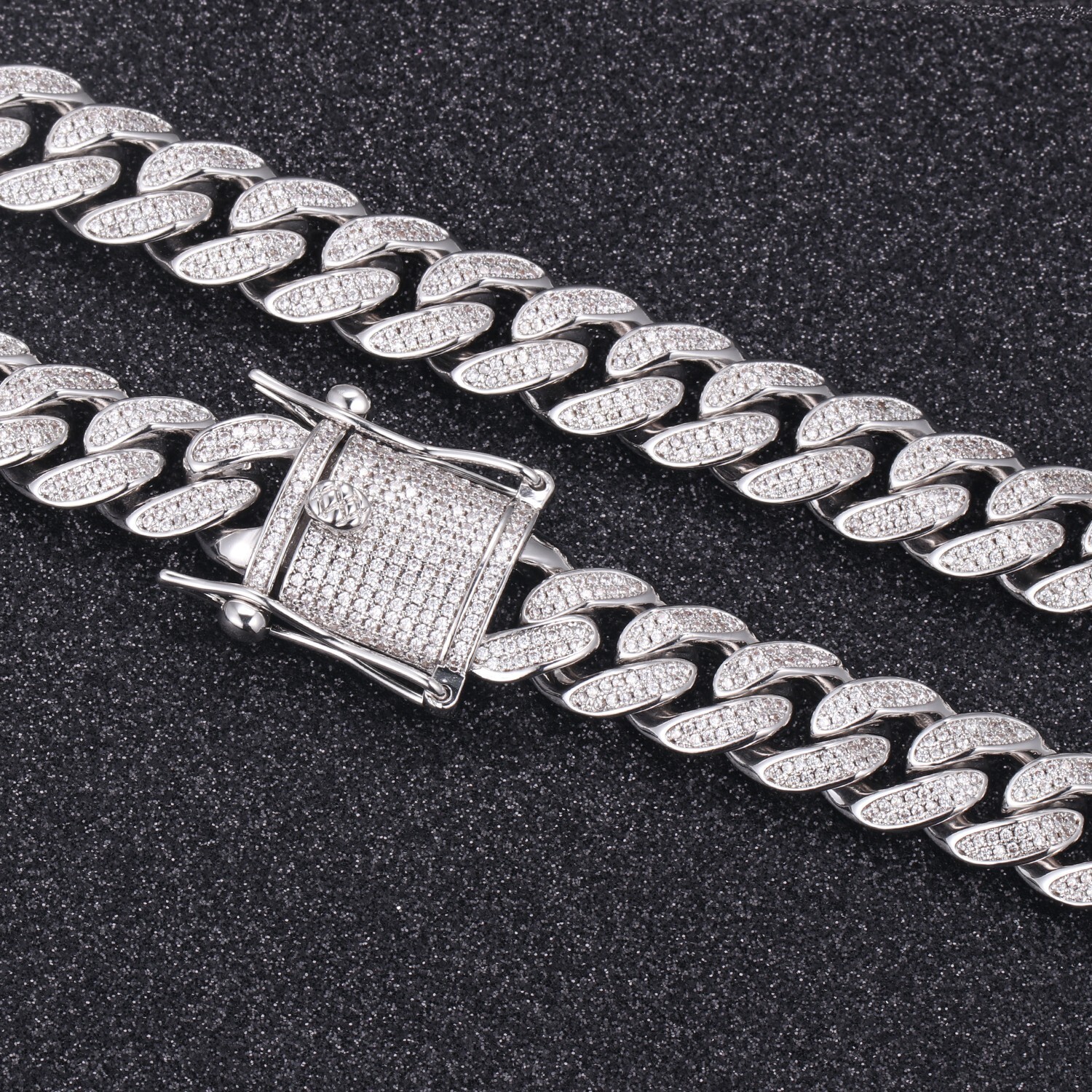 12mm White Gold Plated Iced CZ Out Stainless Steel Miami Cuban Link Bracelet