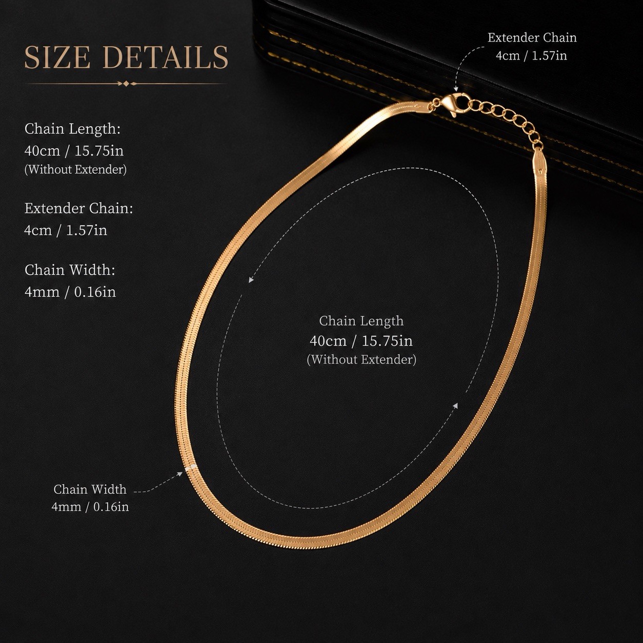 Gold or Silver Flat Herringbone Chain Choker Necklace 40cm + 4cm Extender
