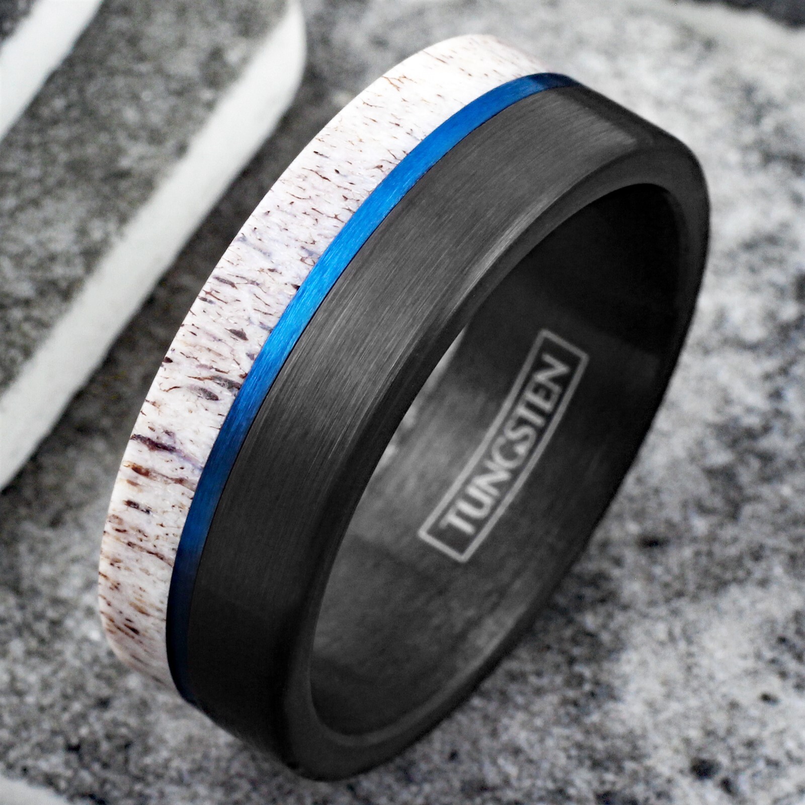 Black Tungsten Carbide Men’s Ring Deer Antler w/ Blue Stripe Wedding Band