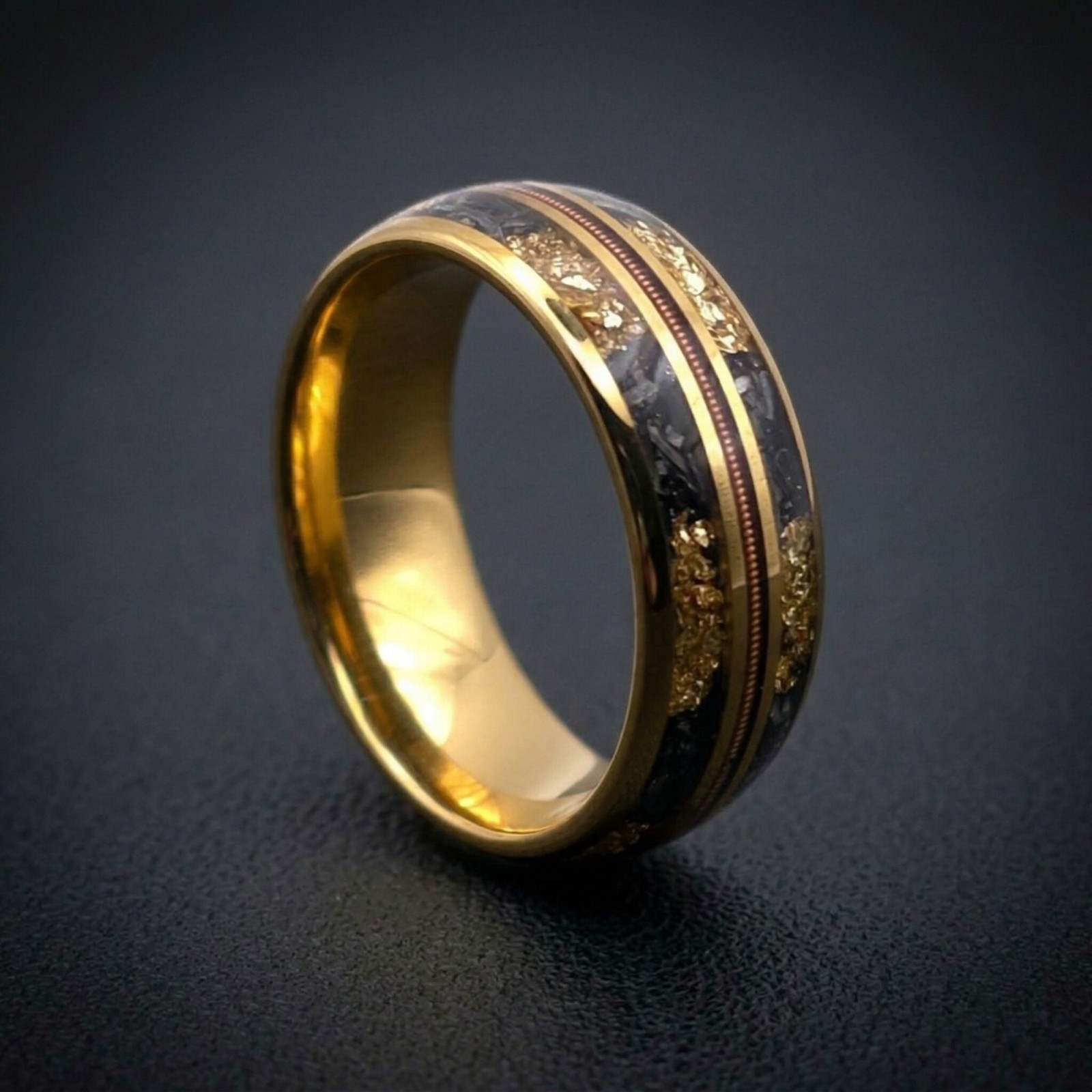 Meteorite Gold Leaf Tungsten Wedding Band – Men’s Yellow Gold Guitar String Ring
