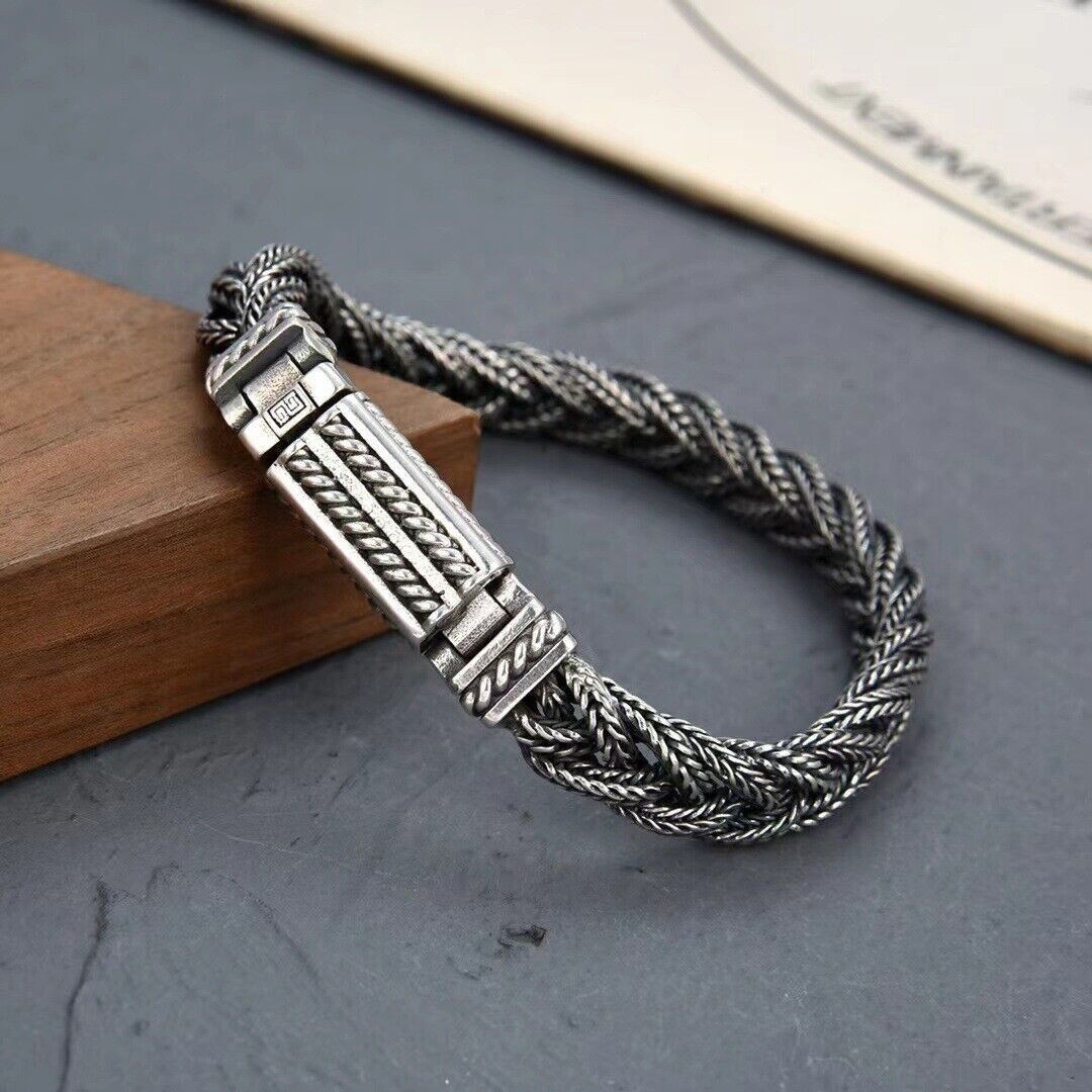 Pure S925 Sterling Silver Bracelet Women Men Vintage 10mm Bradiad Wheat Chain