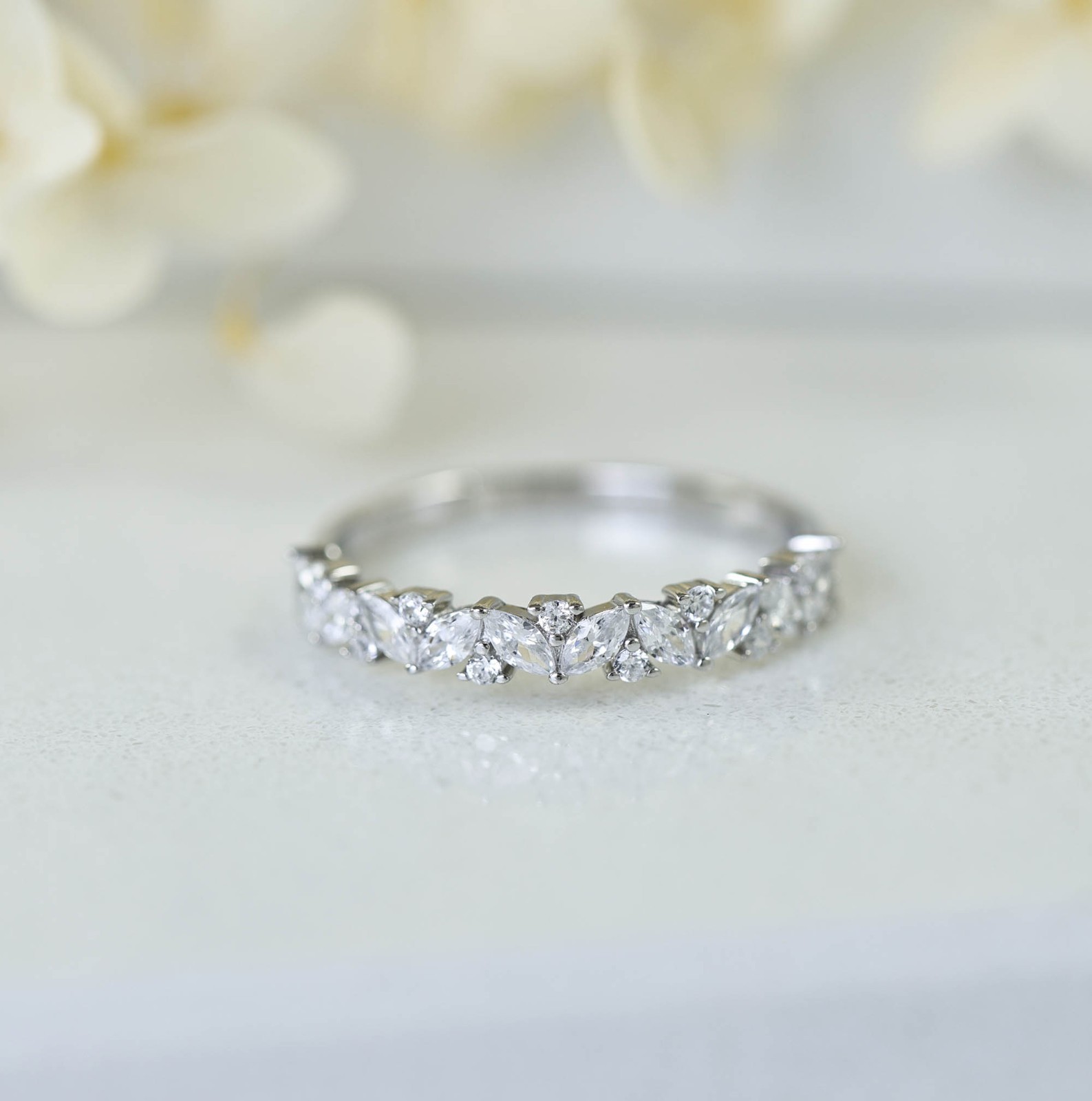 Marquise CZ Sterling Silver Half Eternity Wedding Band Celebration Ring S14166