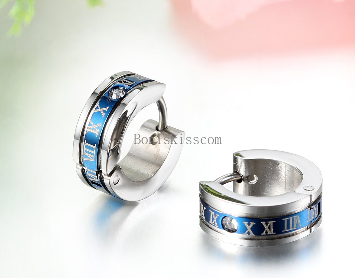 2Pcs Roman Numerals Engraved Stainless Steel Men’s Hinged Hoop Snap on Earrings