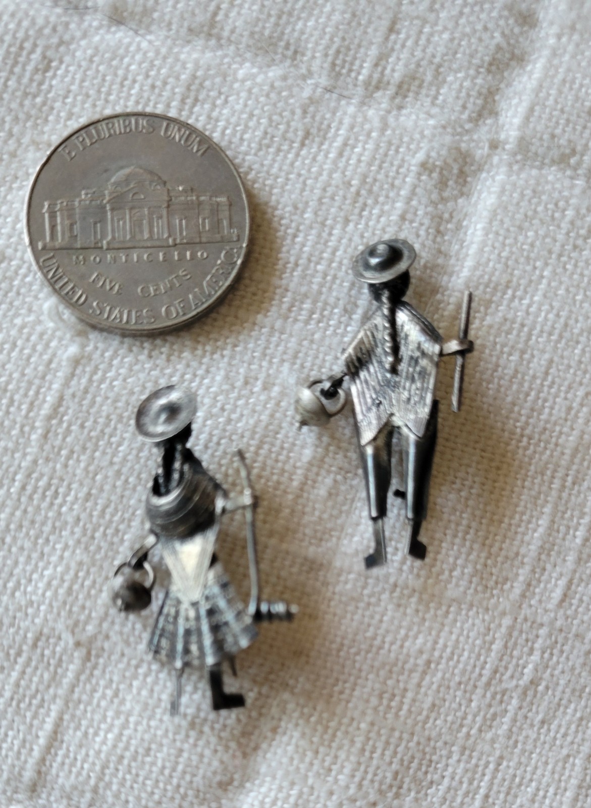 Vintage Native Hand Crafted Silver Metal Pins male female basket staff Peruvian