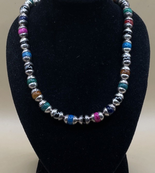 Taxco Mexico Assorted Gem Set Sterling Silver Necklace 22.5in (54.3g)