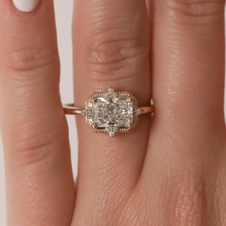 3.00Ct Radiant East West Moissanite Bezel Engagement Ring 14k Yellow Gold Plated