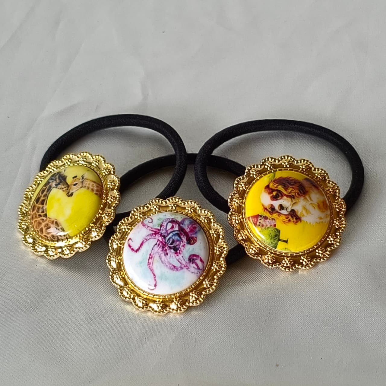 3pcs French Retro Gold Framed Hair Bands Printed Ceramic Elastic Hair Ties