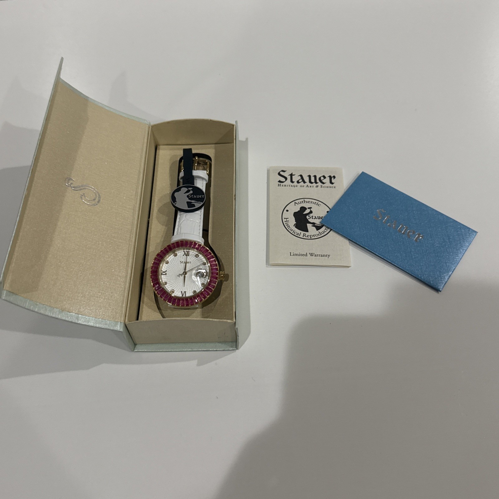 Stauer Womens Pink Baguette Accent Round White Leather Band Watch