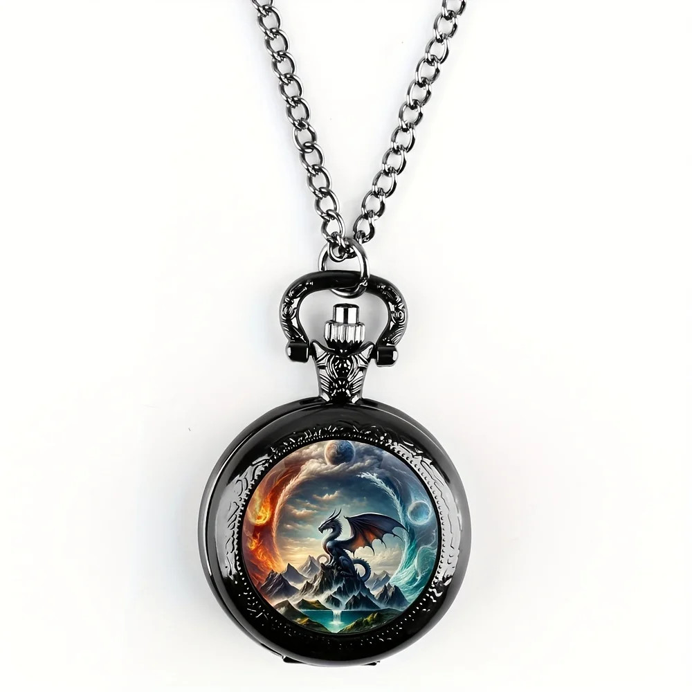 Multi Color Dragon Animal Design Antique Necklace Pendant Quartz Pocket Watch