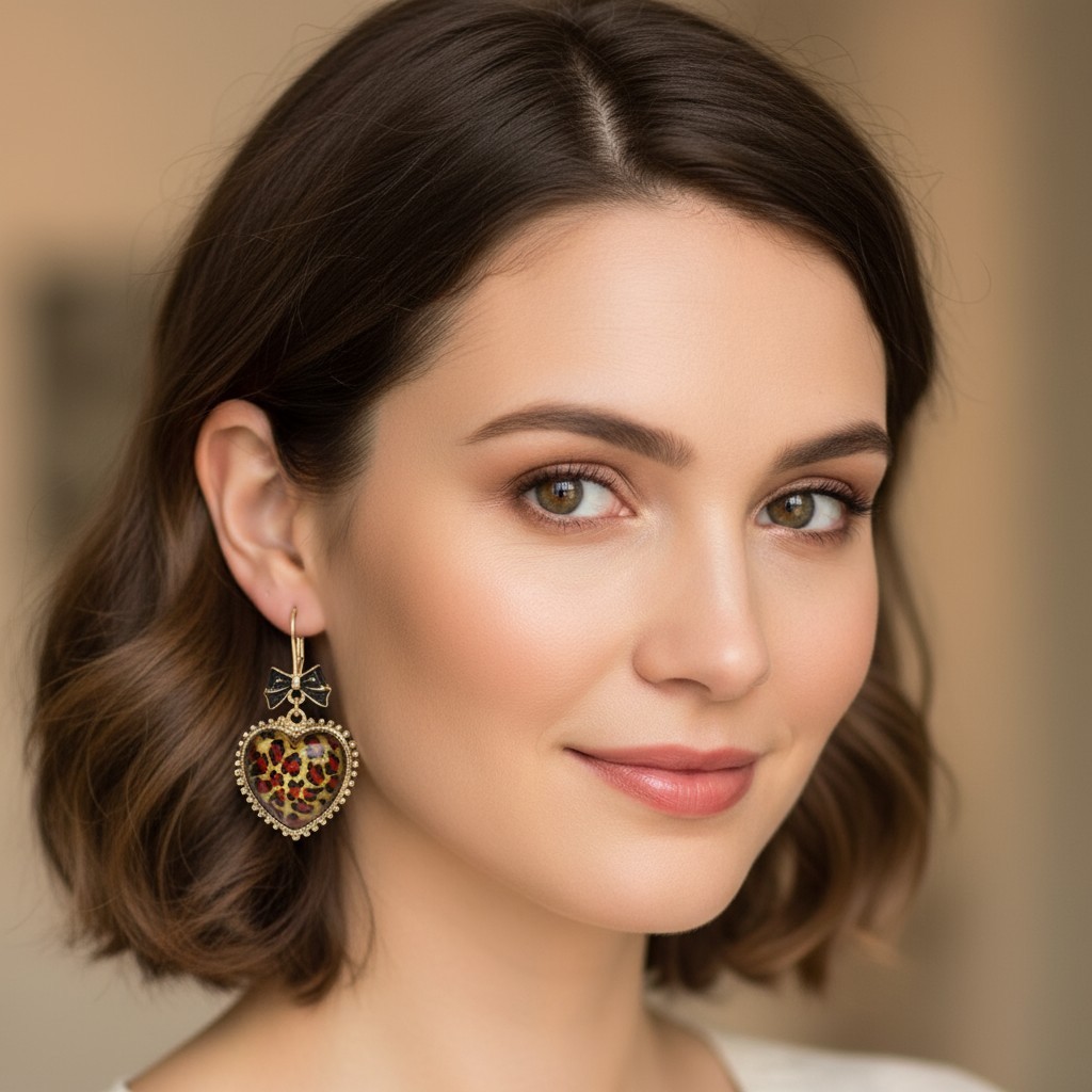 Betsey Johnson Leopard Heart Drop Earrings – Gold-Tone with Bow Accen