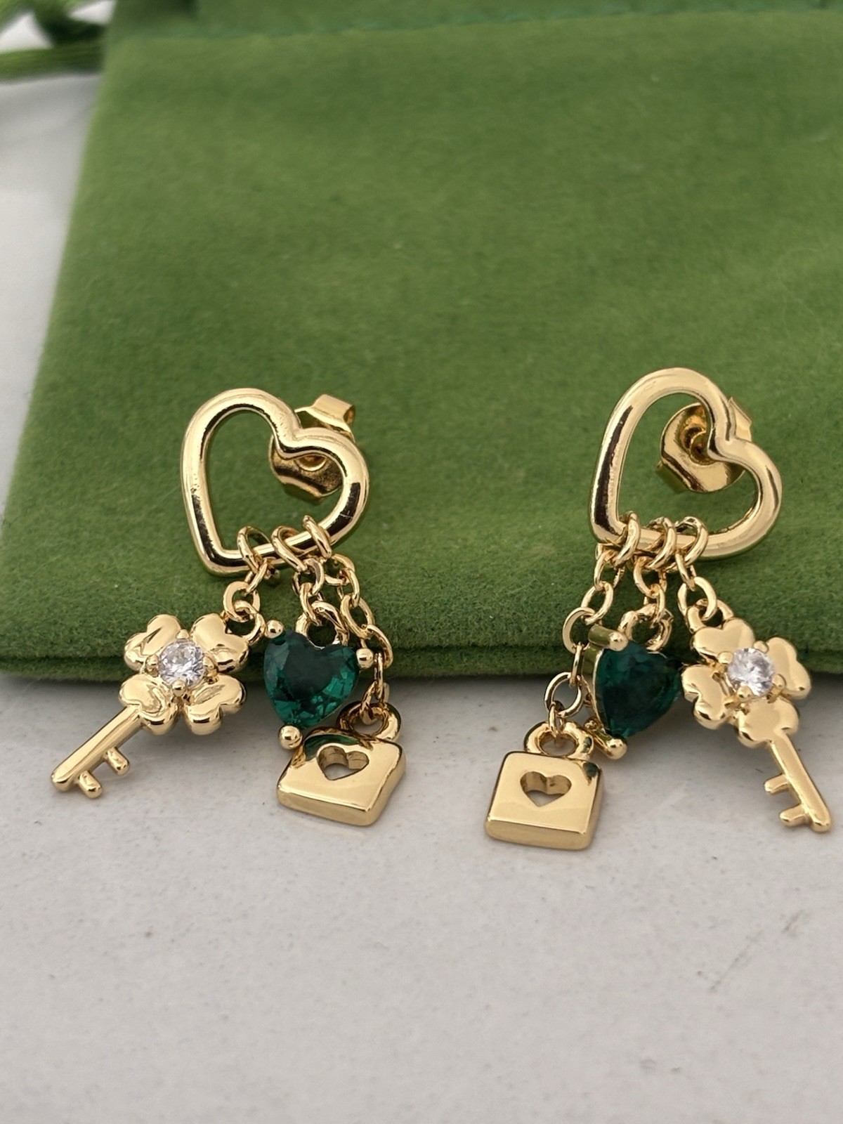 Gold Plated Heart Dangle Earrings Green CZ Heart Clover Key Heart Lock Stud Gift