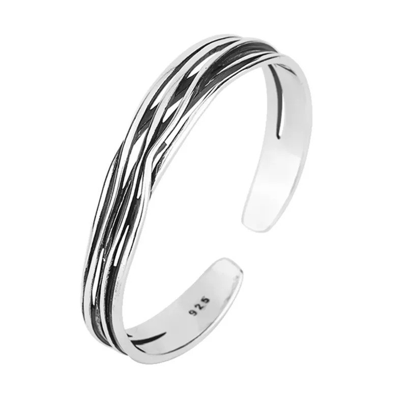 925 Sterling Silver Braided Bracelet Geometric Retro Wave Adjustable Bangle