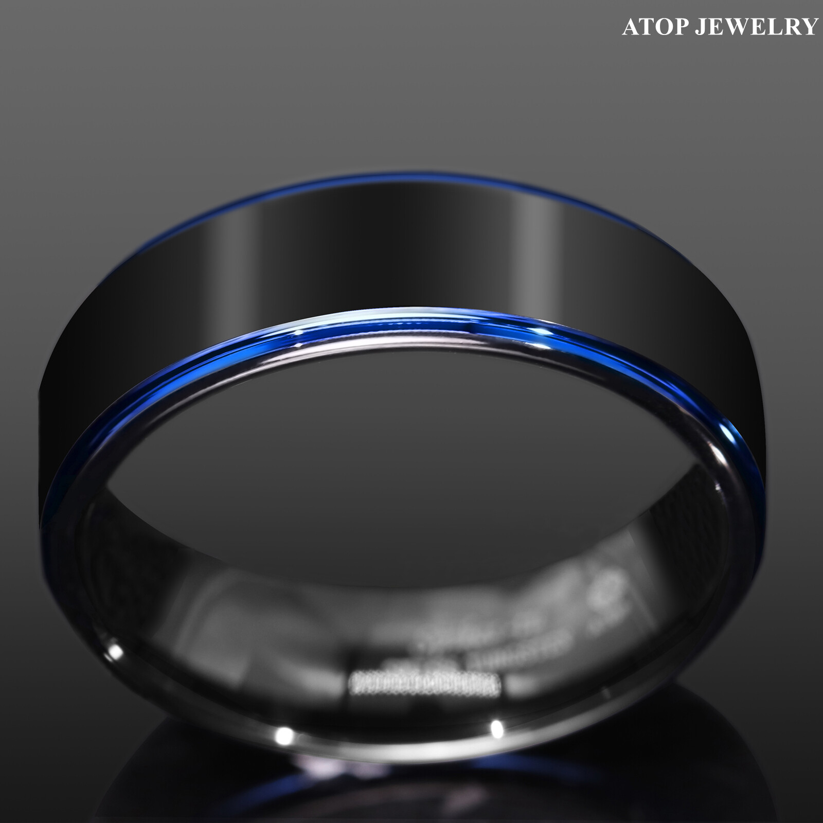 8/6mm Tungsten Ring Black Brushed Blue Stripe Wedding Band ATOP Men’s Jewelry