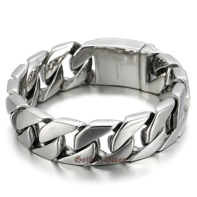 Heavy Mens Silver Curb Cuban Link Bracelet Stainless Steel Chain 20mm Polish
