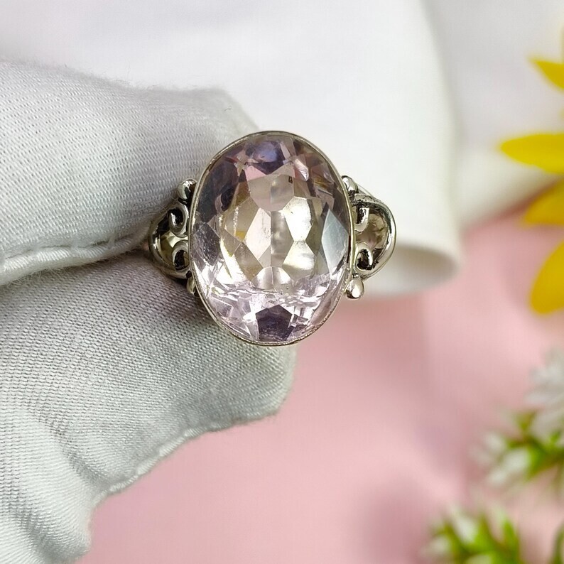 Oval Pink Morganite 925 Sterling Silver Band& Statement Ring Handmade All Size